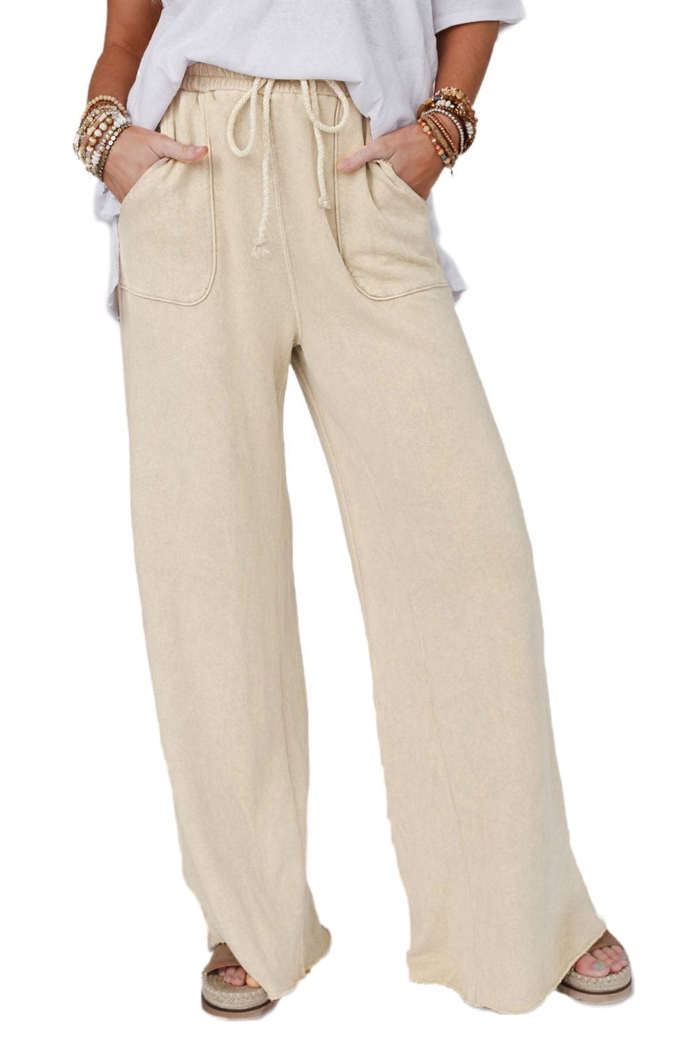 Apricot Mineral Washed Drawstring High Waisted Wide Leg Pants