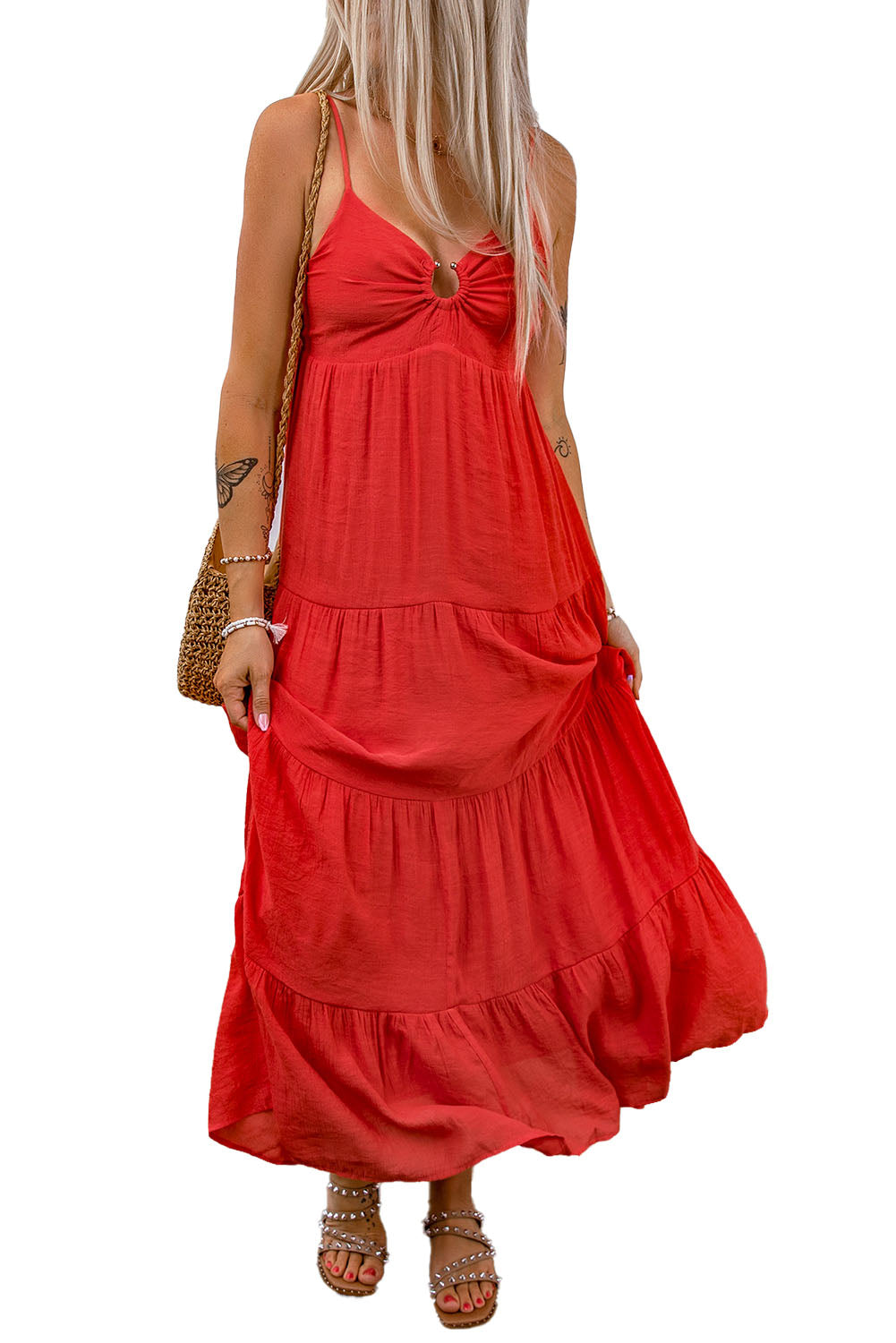 Red O-ring Smocked Back Spaghetti Straps Tiered Boho Dress