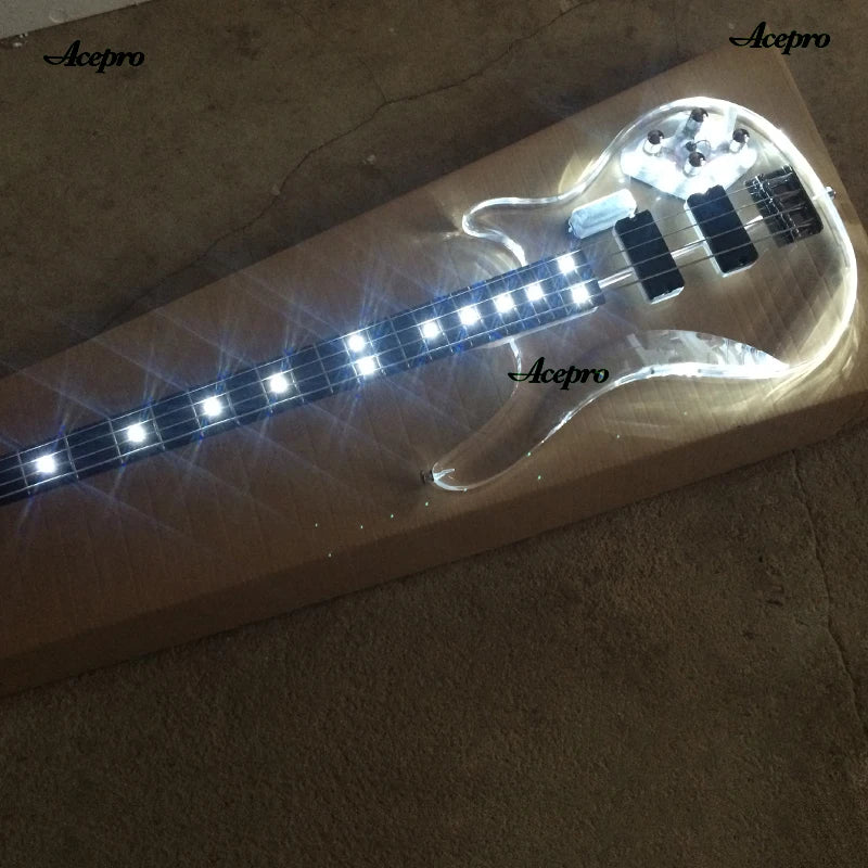 Clear Acrylic Crystal Body 4 String LED Electric Bass Guitar