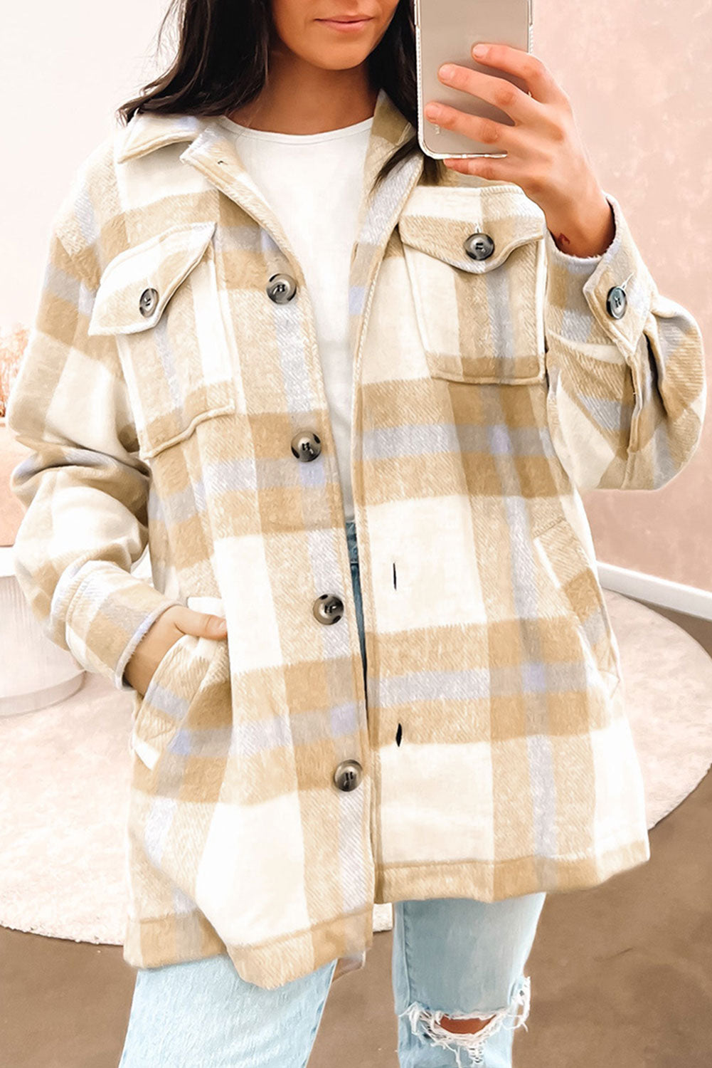 Black Plaid Button-Up Flap Pocket Belted Jacket