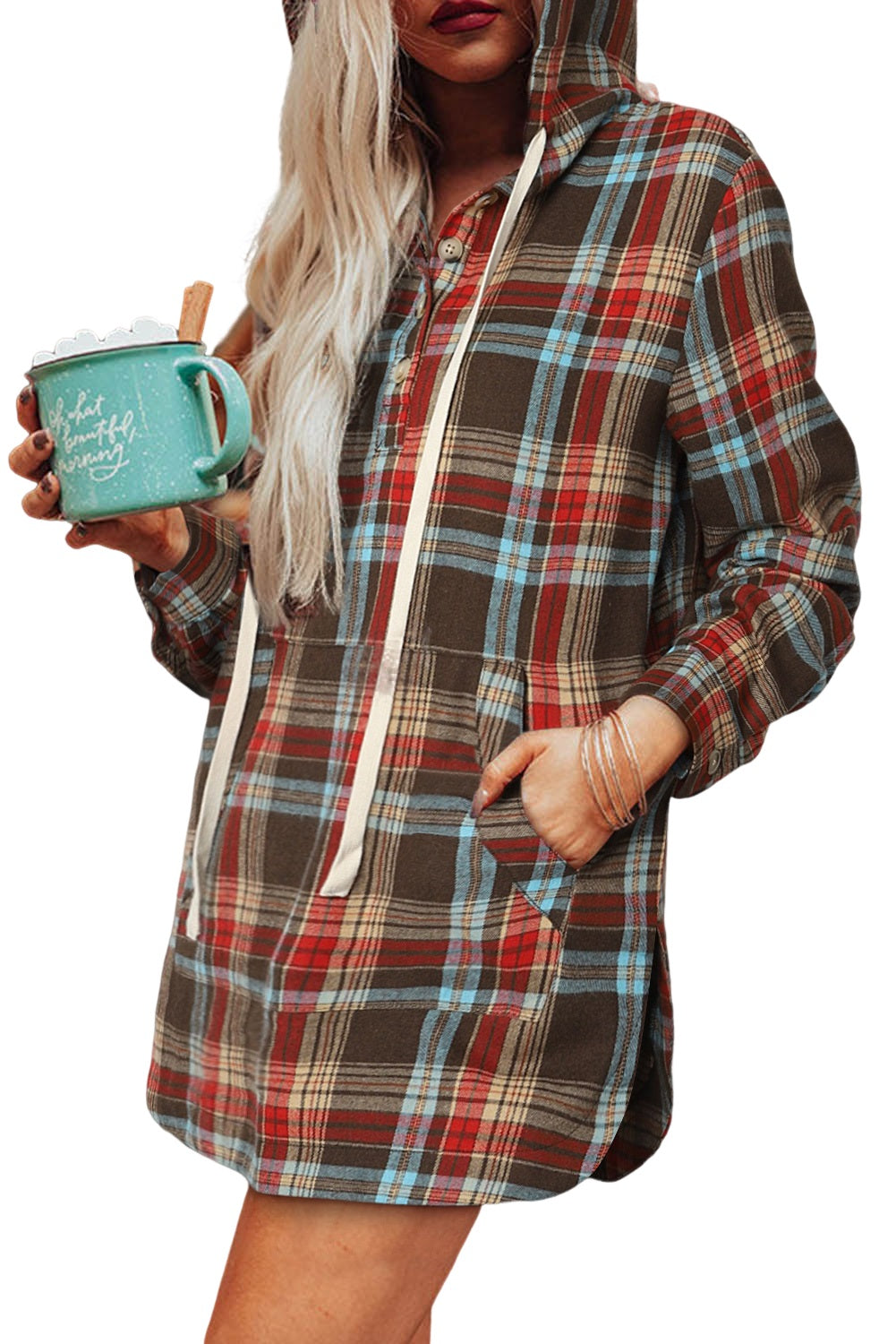 Brown Plaid Split Side Button Hooded Dress