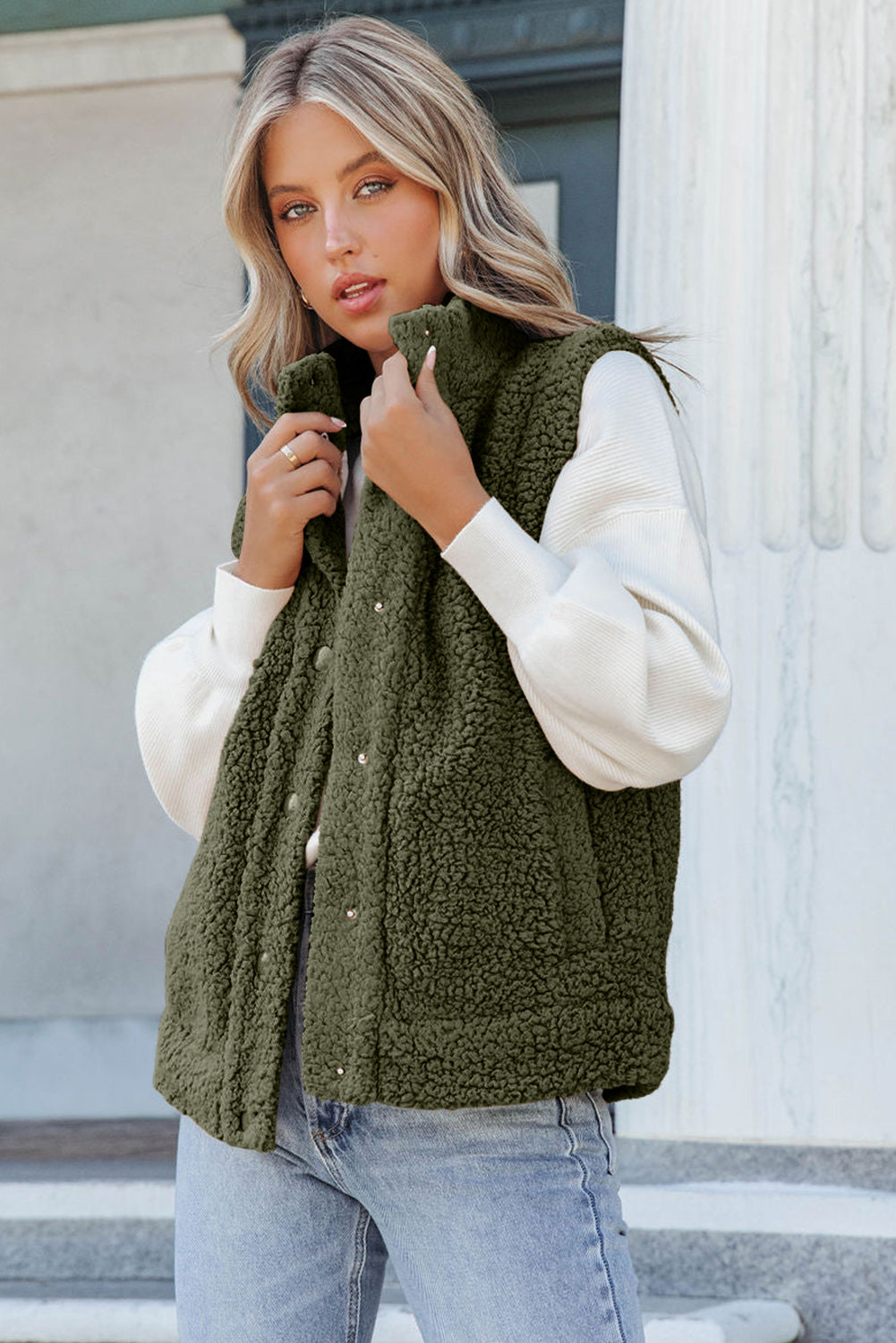 Green Snap Button Collared Stand Neck Sherpa Vest