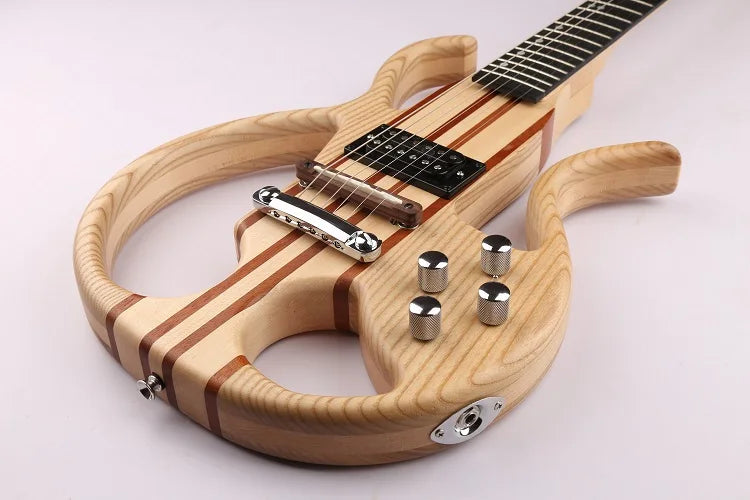 GECKO Natural Solid Mahogany Hollow Electric Guitar Wood Neck-Thru Body Silent Electric Guitar With Built-in Distortion Pedal