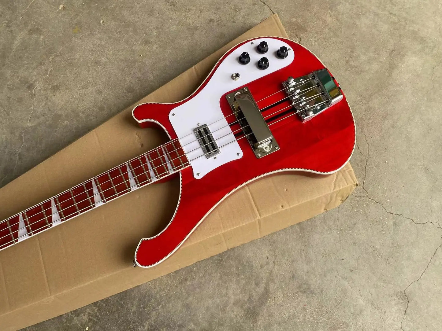 5-piece Neck Thru Body Red Electric Bass Guitar with Adjustable Bridge, Checkerboard Binding