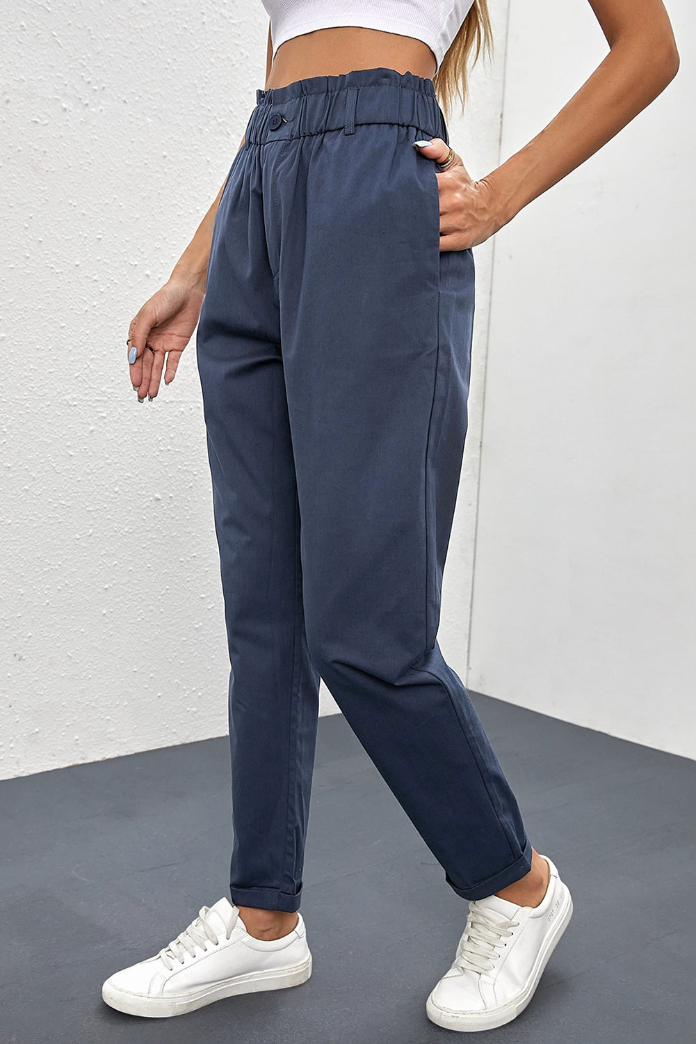 Beige Casual Frill Paper Bag Pocket High Rise Pants