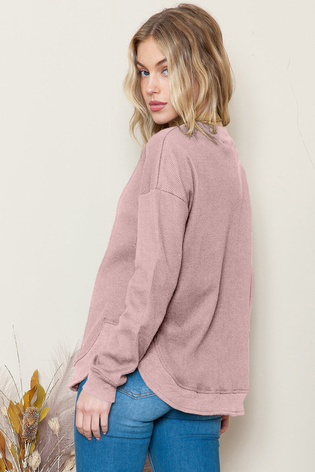 Black Crew Neck Ribbed Trim Knit Long Sleeve Top
