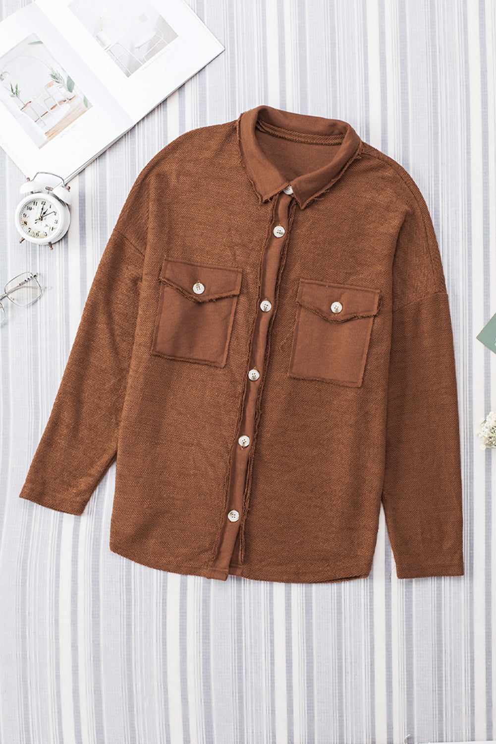 Black Plain Textured Button Up Shirt Shacket with Flap Pockets