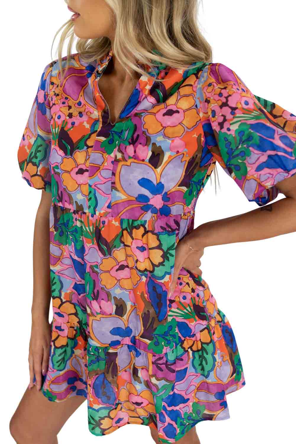 Multicolor Floral Puff Sleeve Notch V-Neck Ruffled Short Dress