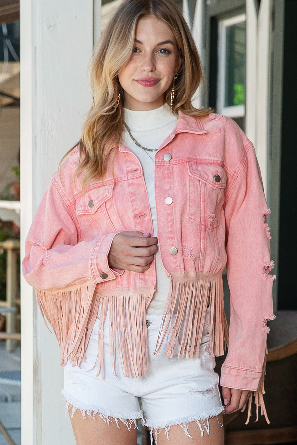 Pink Distressed Ripped Fringe Hem Cropped Denim Jacket