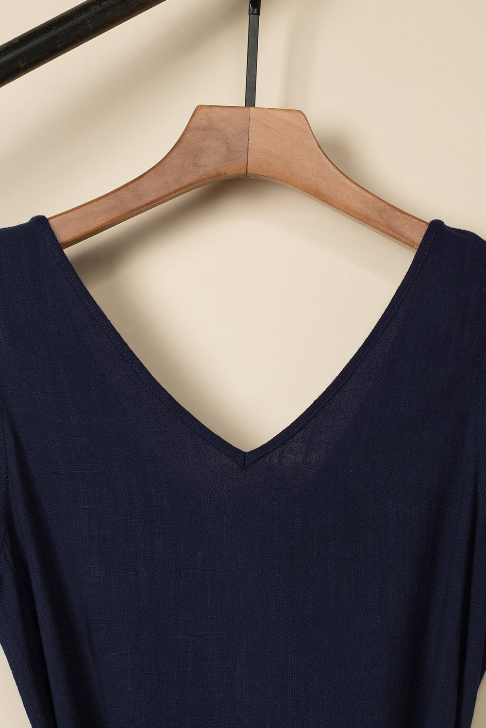 Blue V Neck Button Belted Jumpsuit With Pockets