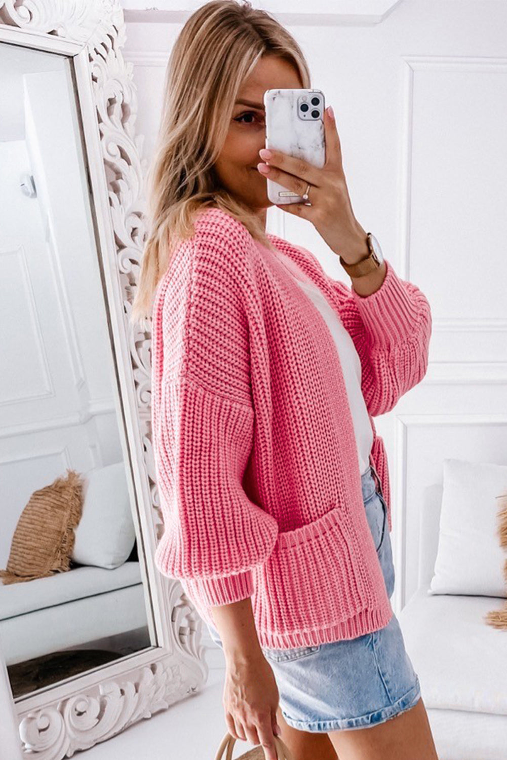Apricot Solid Pocketed Open Short Cardigan