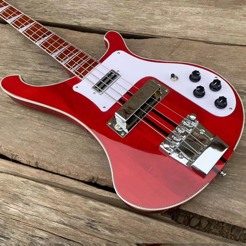 5-piece Neck Thru Body Red Electric Bass Guitar with Adjustable Bridge, Checkerboard Binding