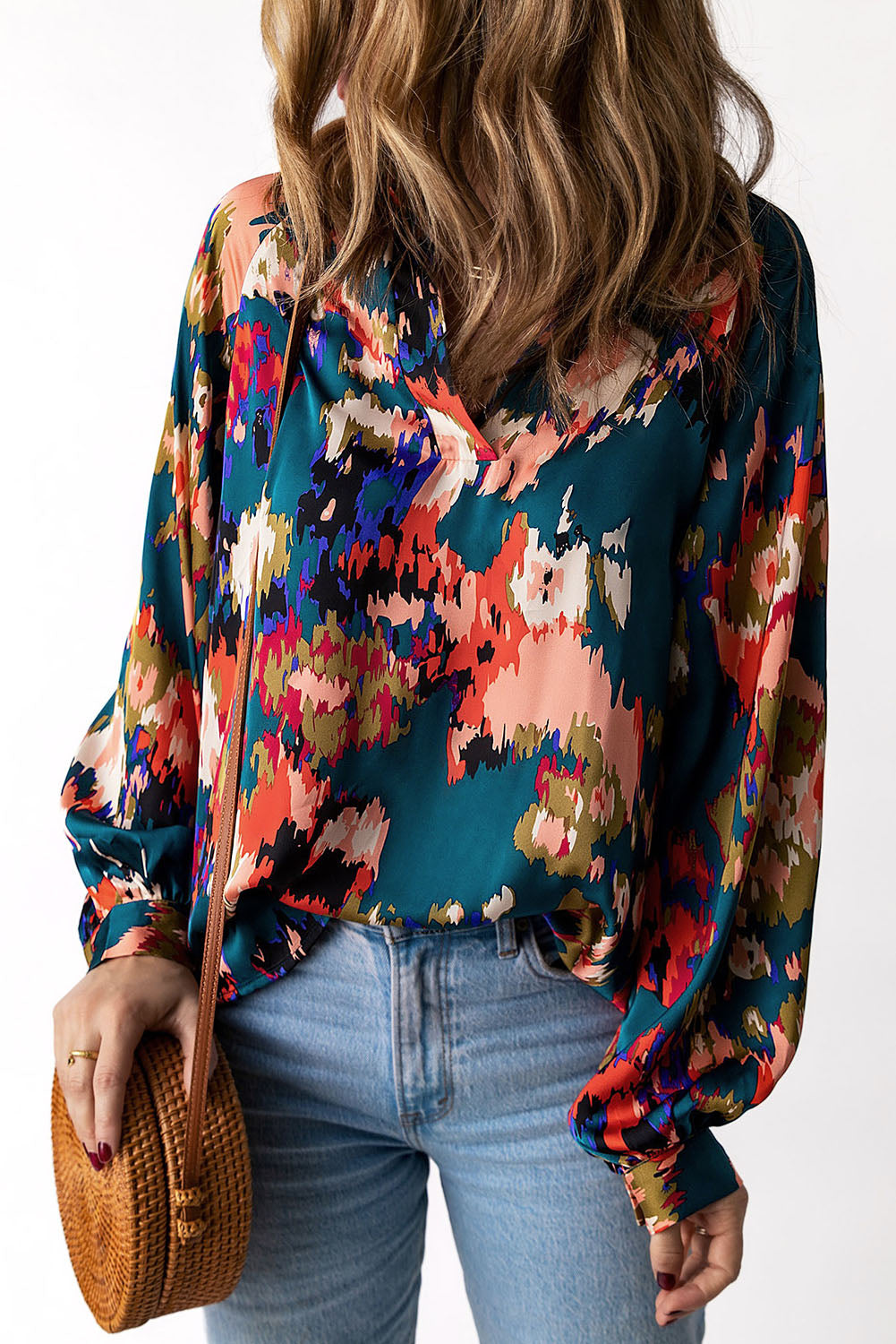Green Graffiti Colorblock Casual V Neck Puff Sleeve Blouse