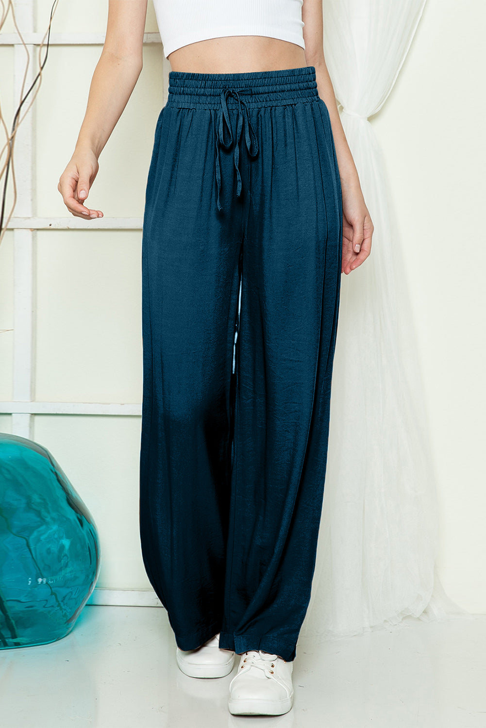 Black Casual Drawstring Shirred Elastic Waist Wide Leg Pants