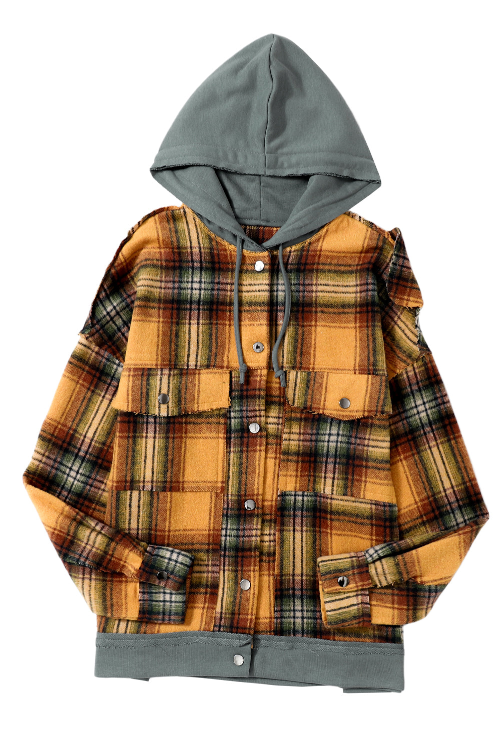 Orange Plaid Patchwork Frayed Trim Snap Button Hooded Jacket