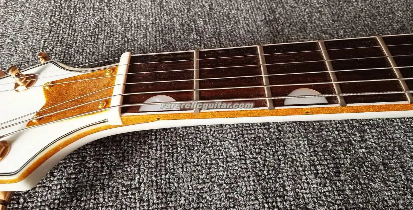 White Falcon Semi Hollow Body Jazz Electric Guitar Gold Sparkle Binding Bigs Tremolo Bridge Grover Imperial Tuners Gold Hardware
