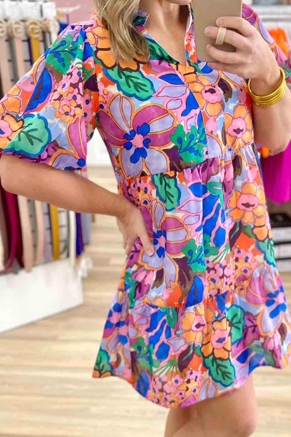 Multicolor Floral Puff Sleeve Notch V-Neck Ruffled Short Dress