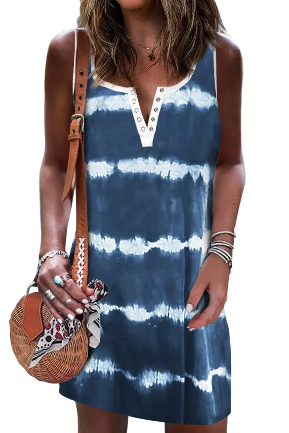 Blue Tie Dye Striped Button Notch V Neck Short Tank Dress
