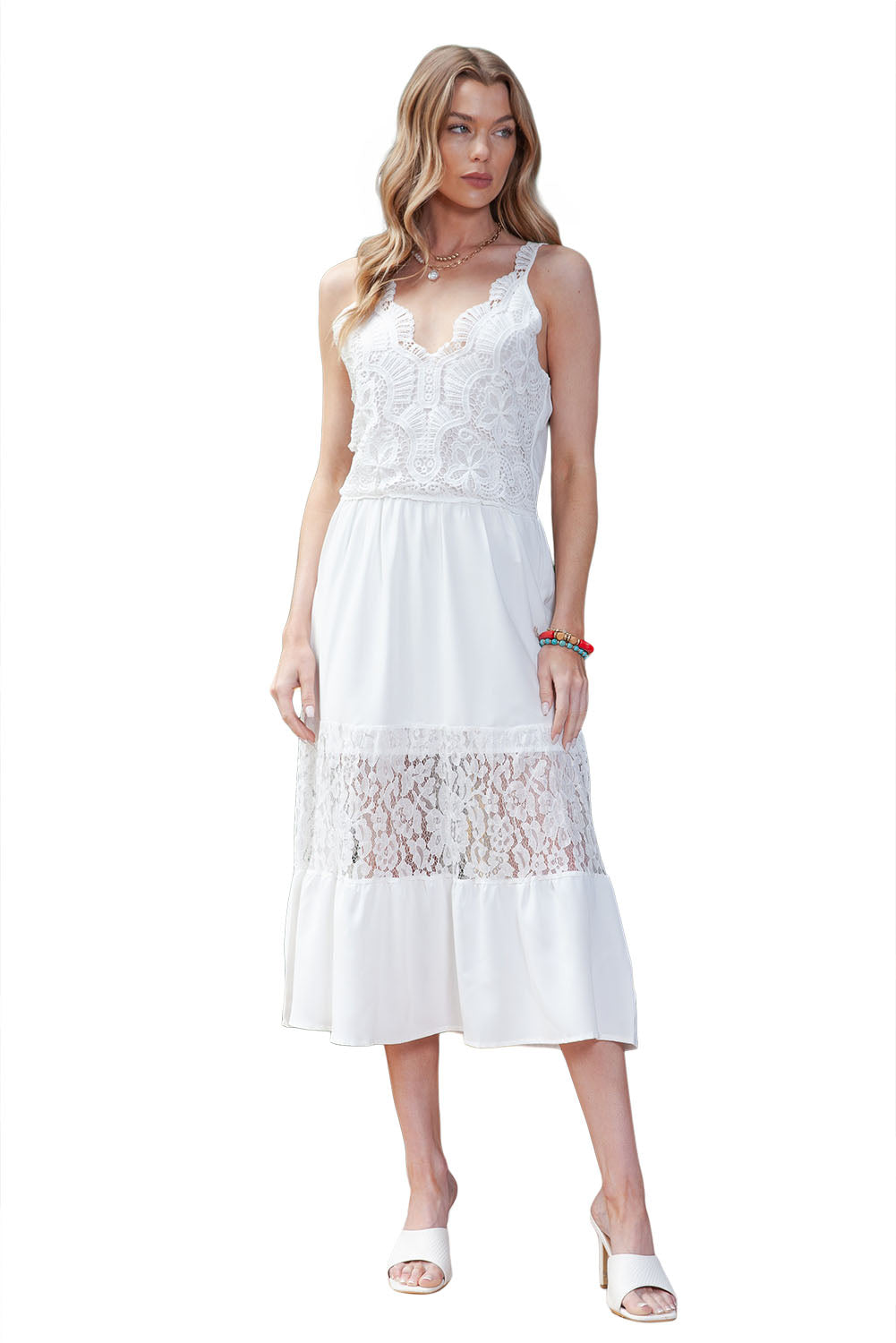 White Elegant Lace Deep V Wedding Guest Sleeveless Maxi Dress