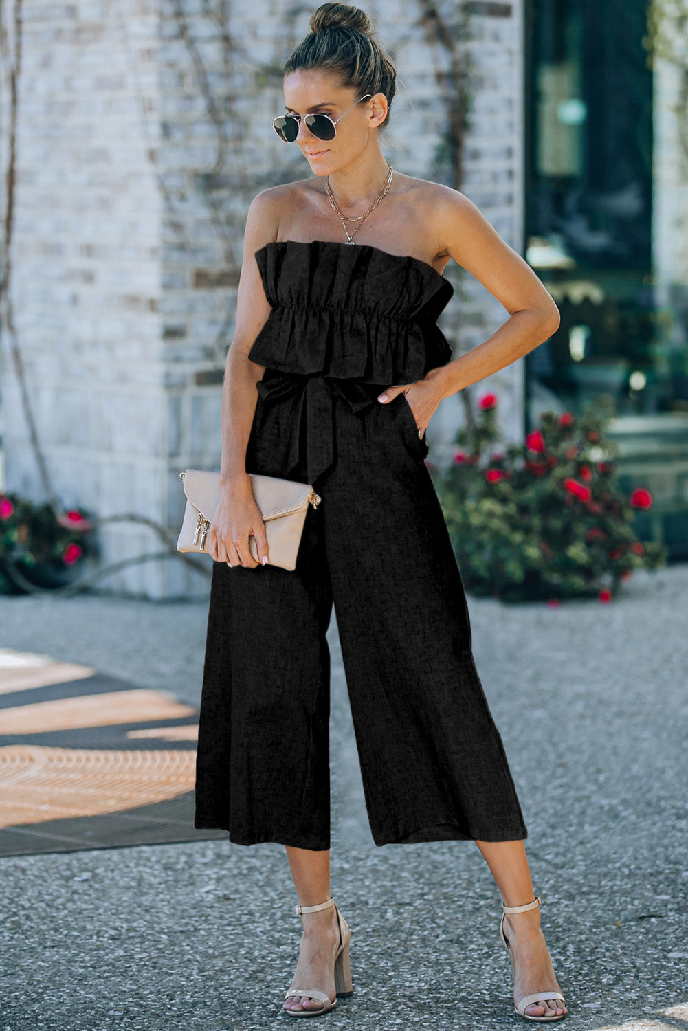 Beige Elegant Ruffled Strapless Wide Leg Jumpsuit
