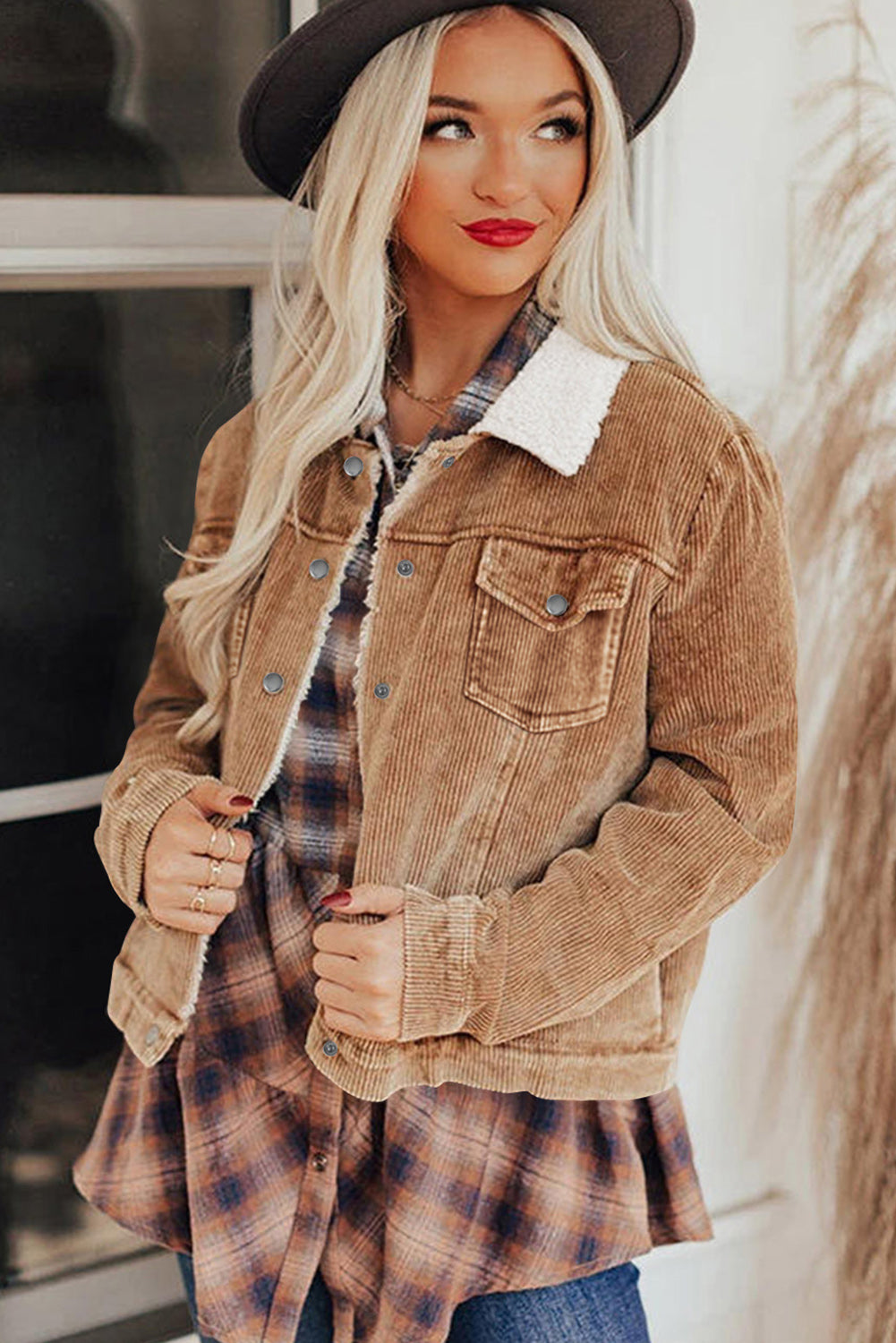 Gray Sherpa Snap Flap Pocket Cropped Corduroy Jacket