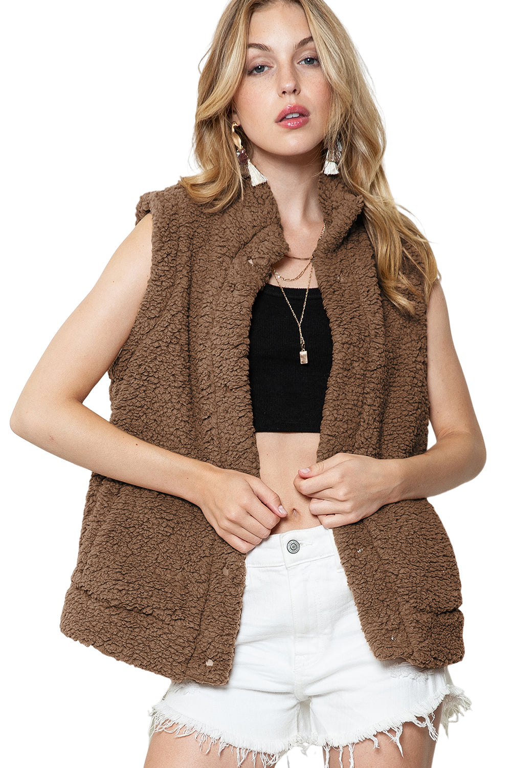 Green Snap Button Collared Stand Neck Sherpa Vest
