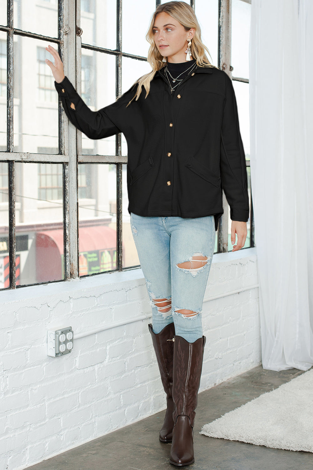 Beige Button-Up Stitching Pocketed Shacket