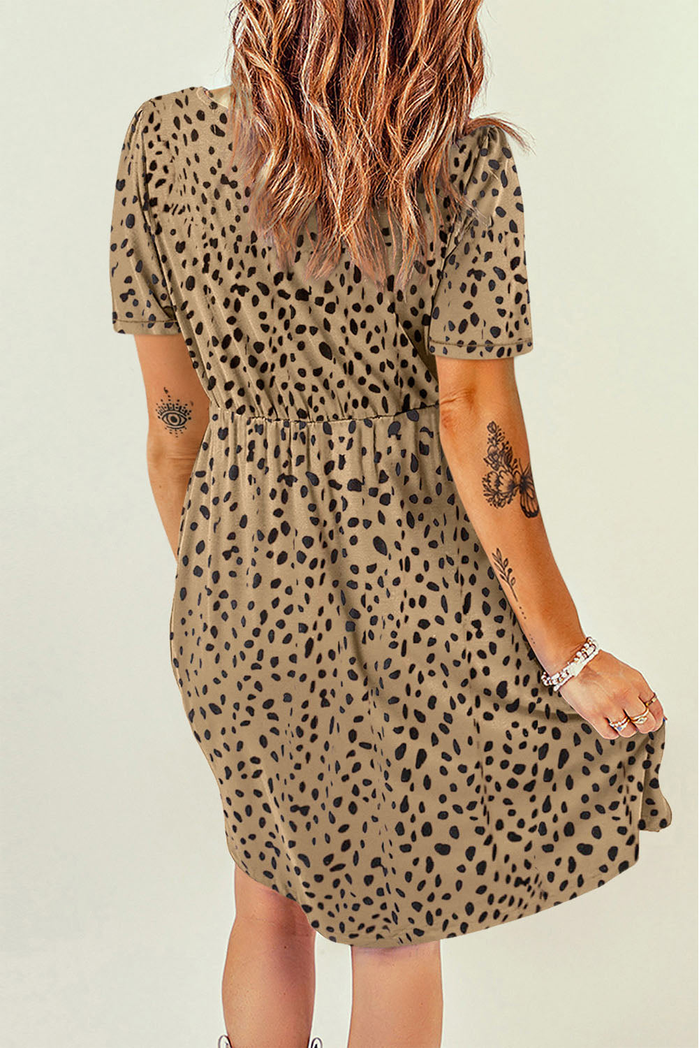 Brown Button Front Scoop Neck Short Sleeve Leopard Print Dress