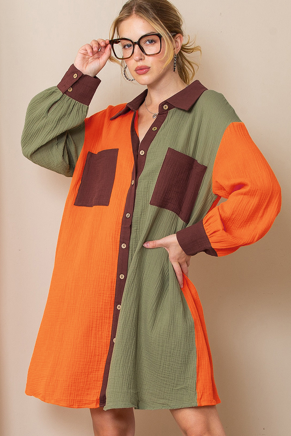 Brown Crinkled Patchwork Button Up Loose Mini Dress