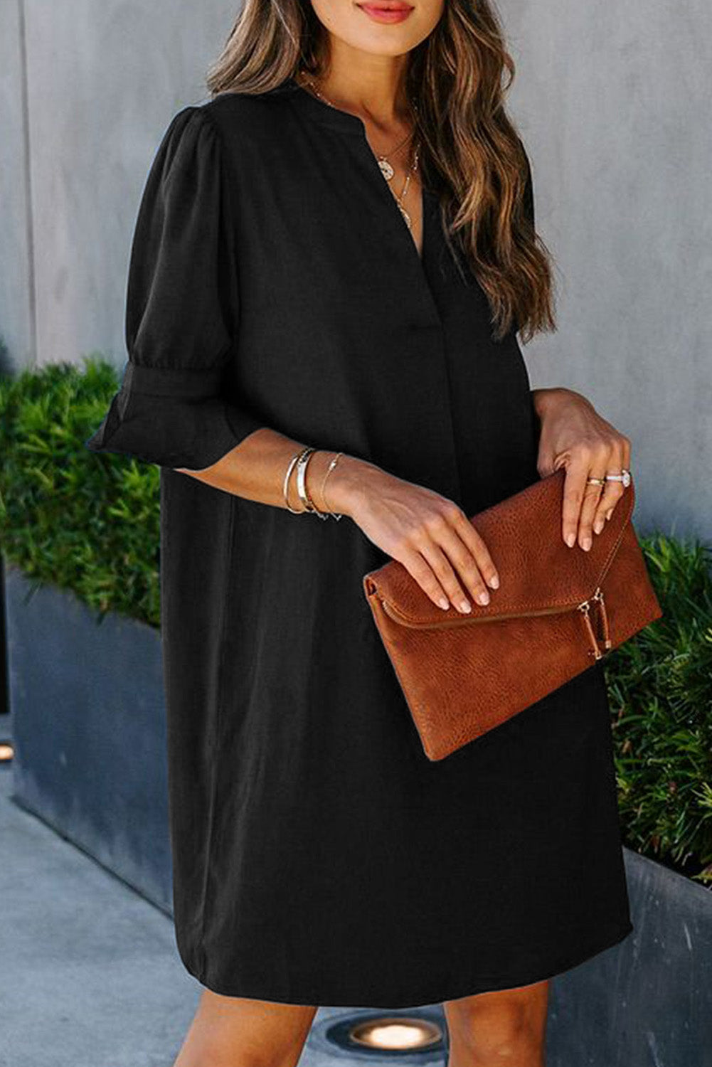 Navy Blue Split V Neck Short Sleeve Tunic Dress