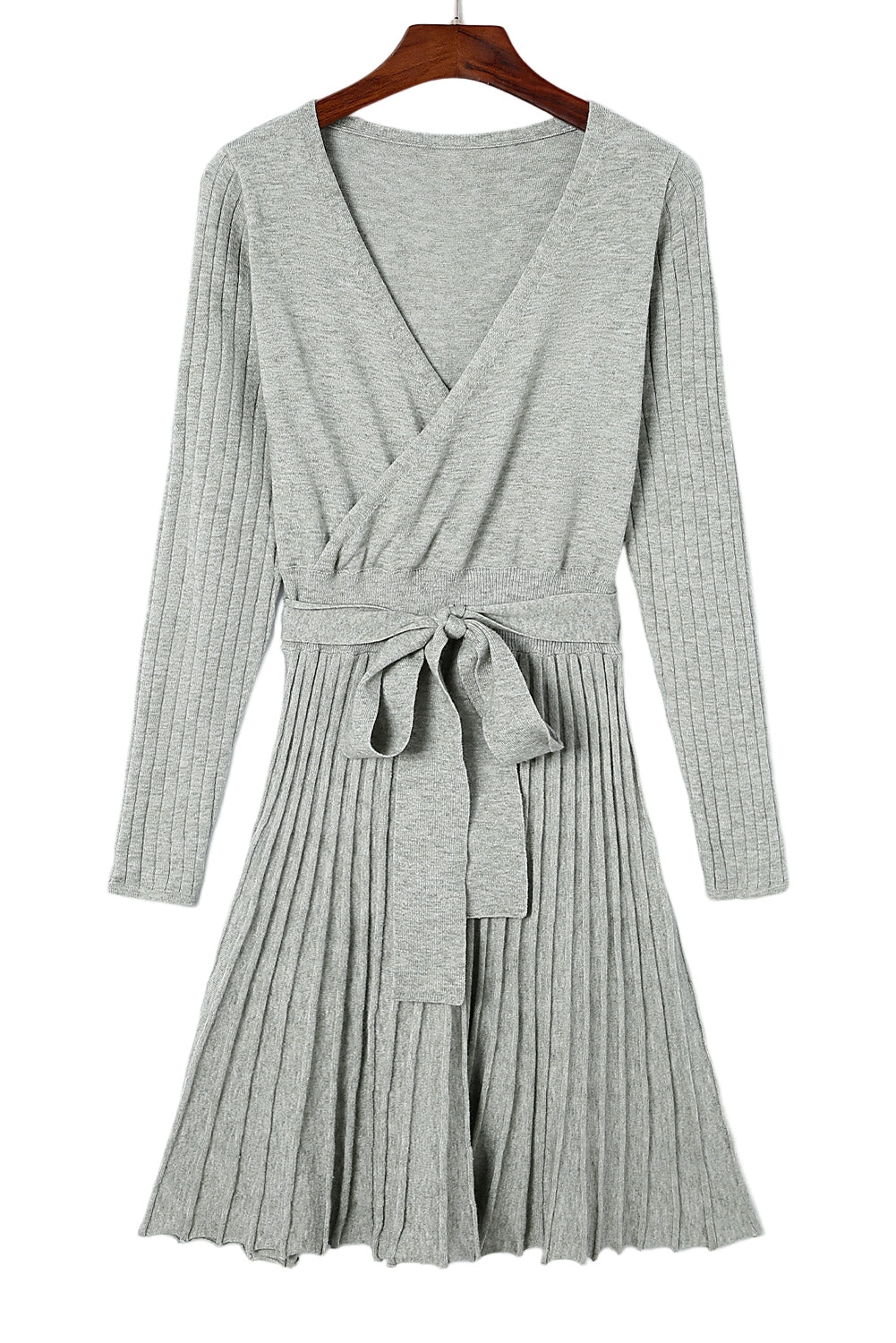 Brown Belted Wrap V Neck Ribbed Pleated Sweater Dress