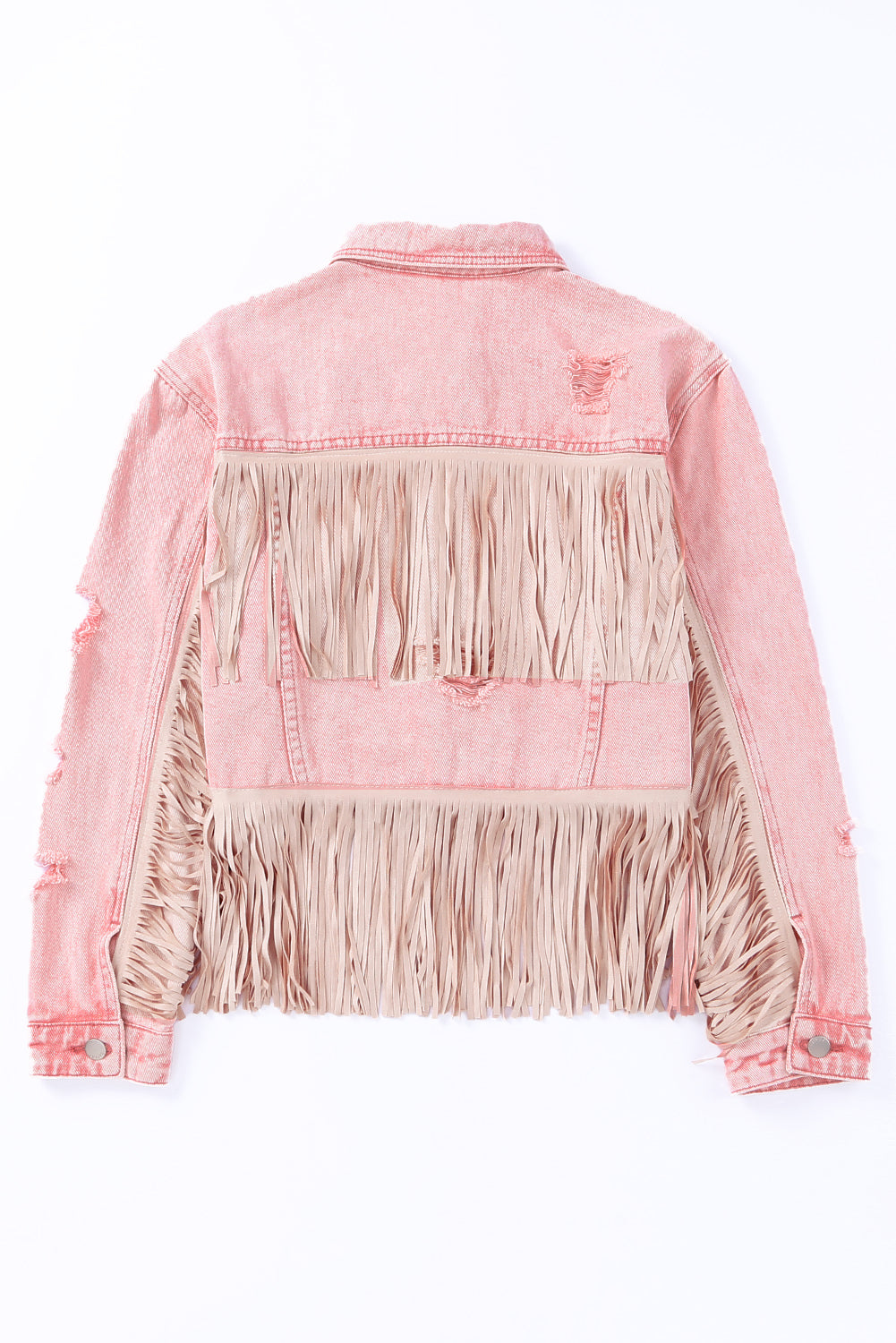 Pink Distressed Ripped Fringe Hem Cropped Denim Jacket
