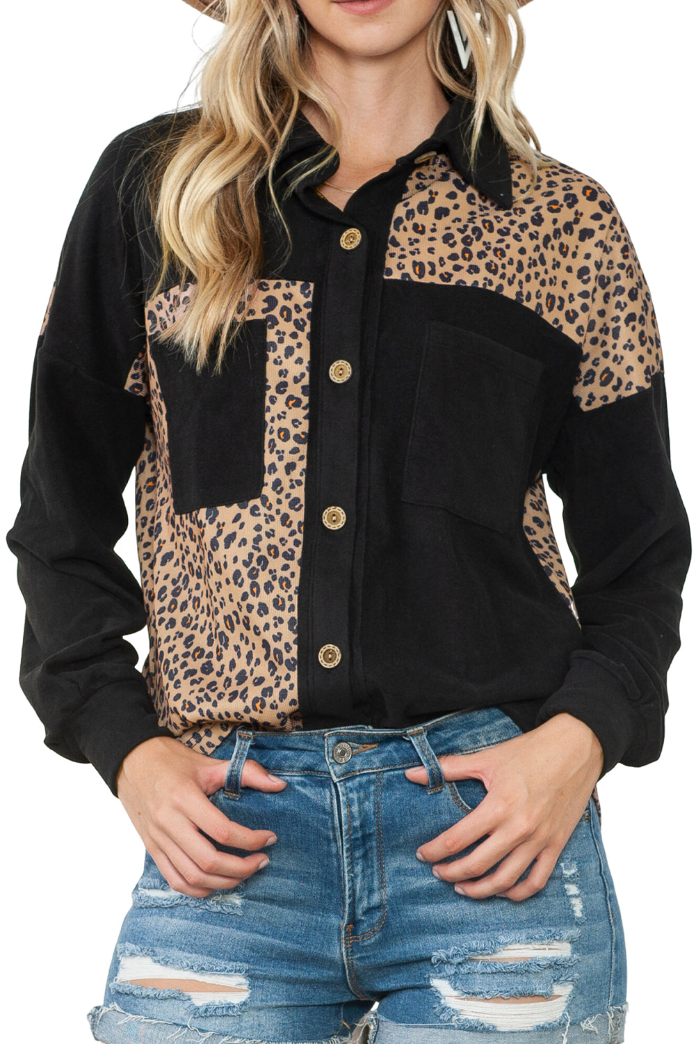 Black Casual Leopard Print Patchwork Shacket
