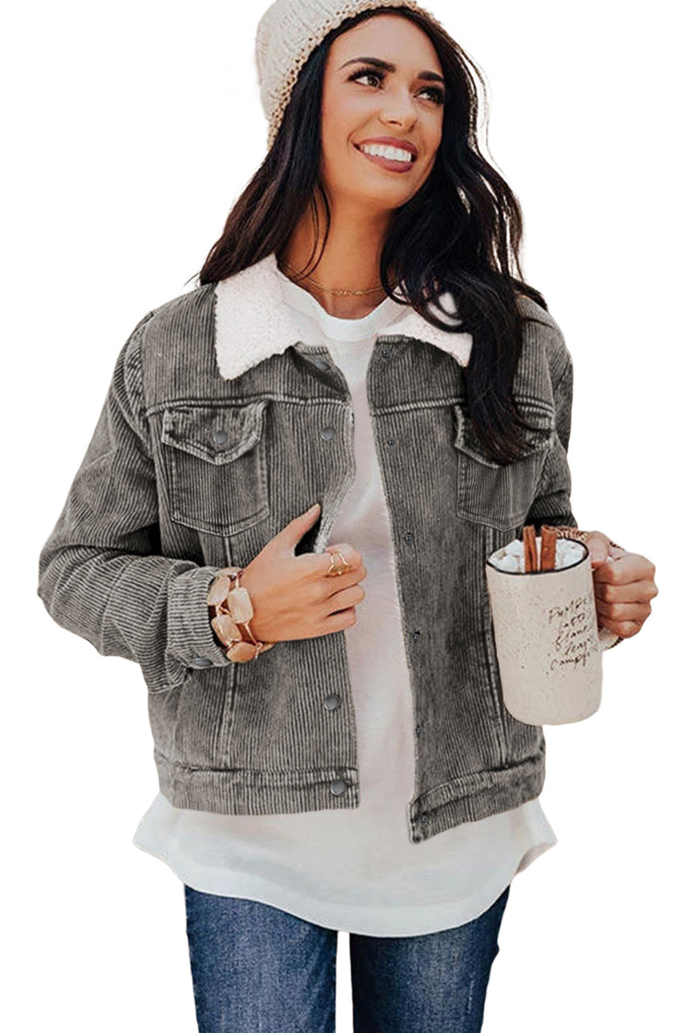 Gray Sherpa Snap Flap Pocket Cropped Corduroy Jacket