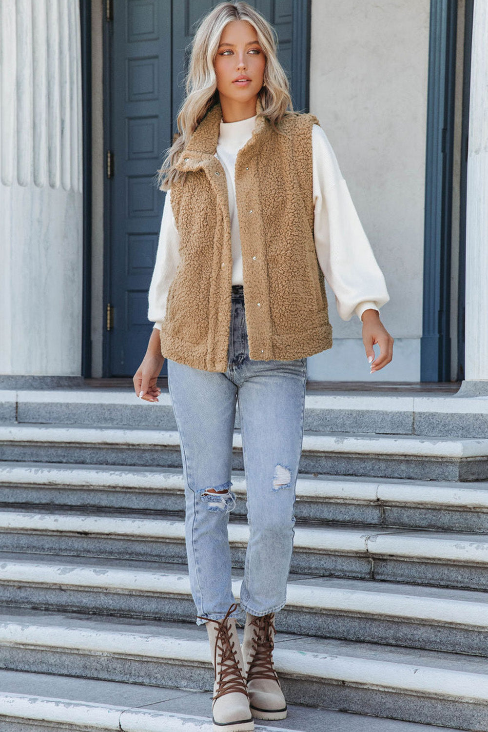 Green Snap Button Collared Stand Neck Sherpa Vest