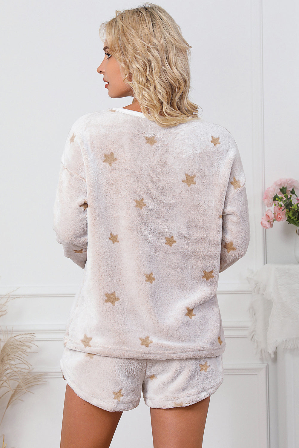 White Star Print Long Sleeve Top & Shorts Loungewear Set