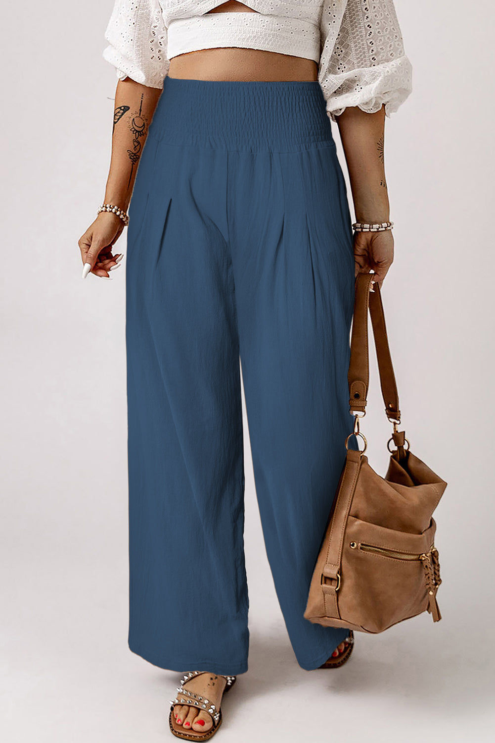 Brown Smocked Wide Waistband High Waist Wide Leg Pants