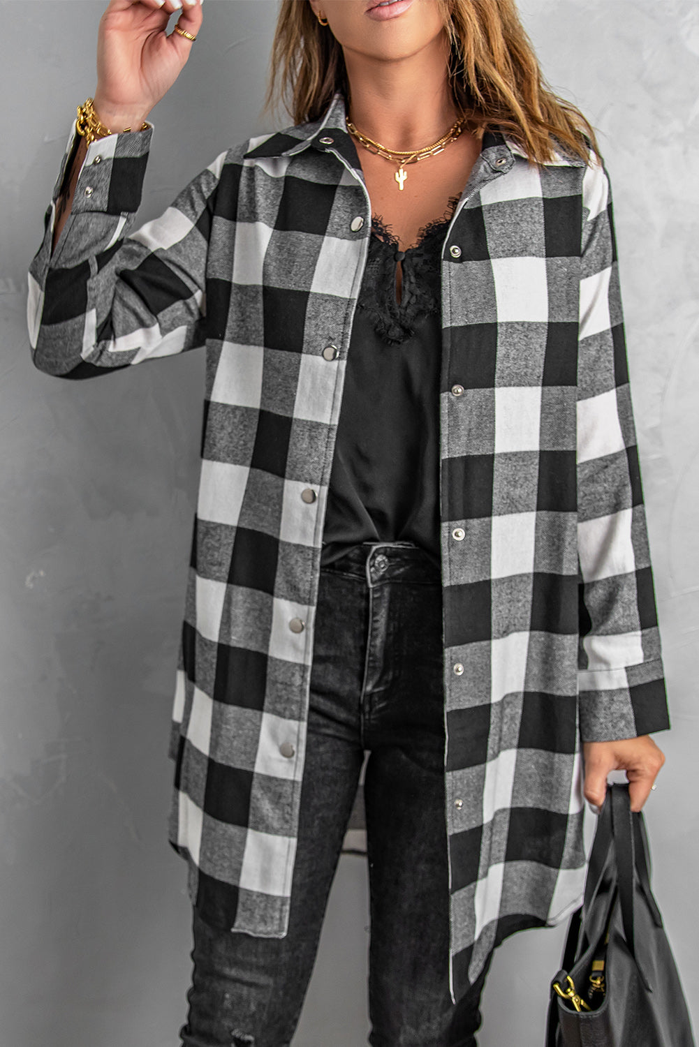 Red Plaid Collared Button Down Long Shirt Shacket