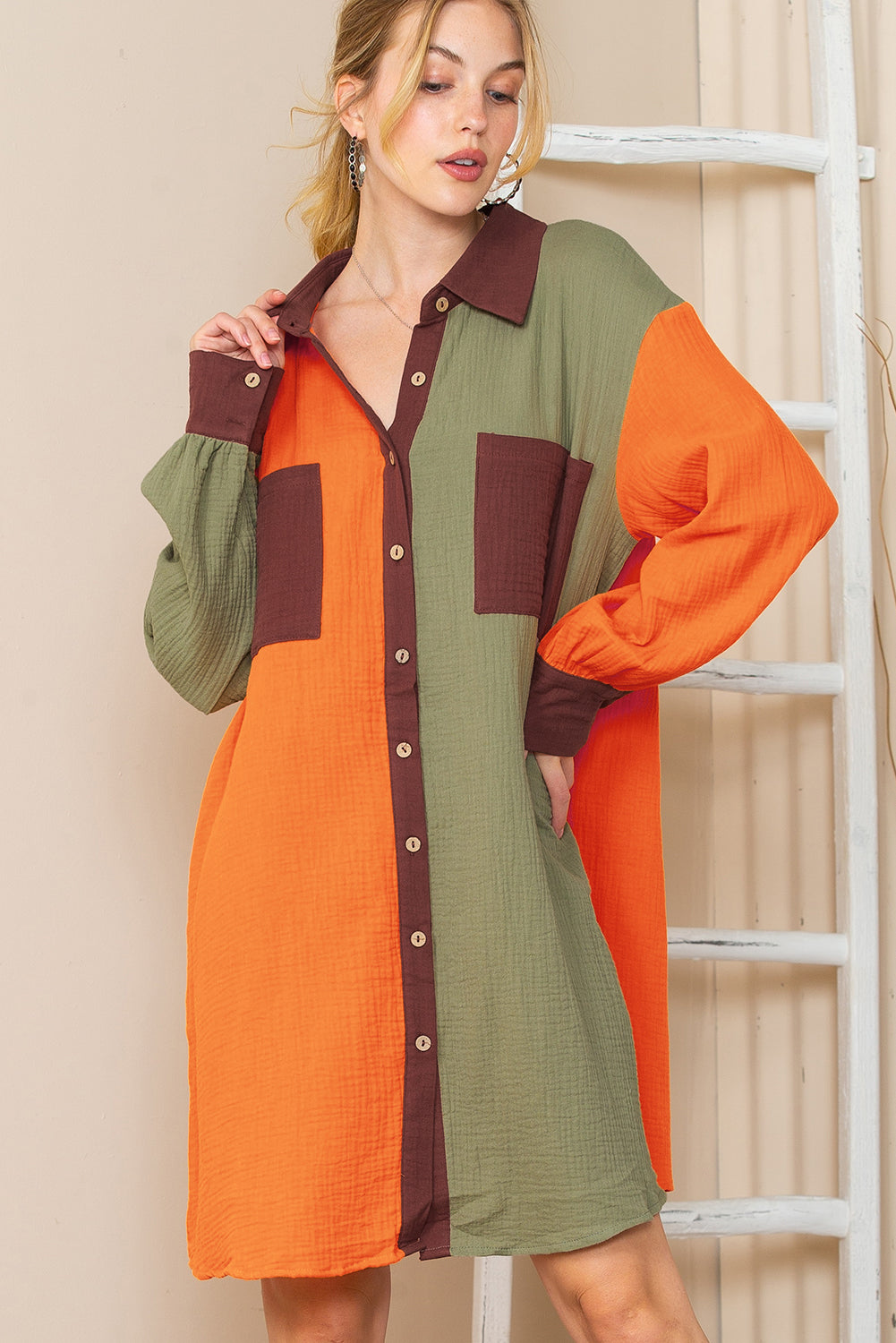 Brown Crinkled Patchwork Button Up Loose Mini Dress