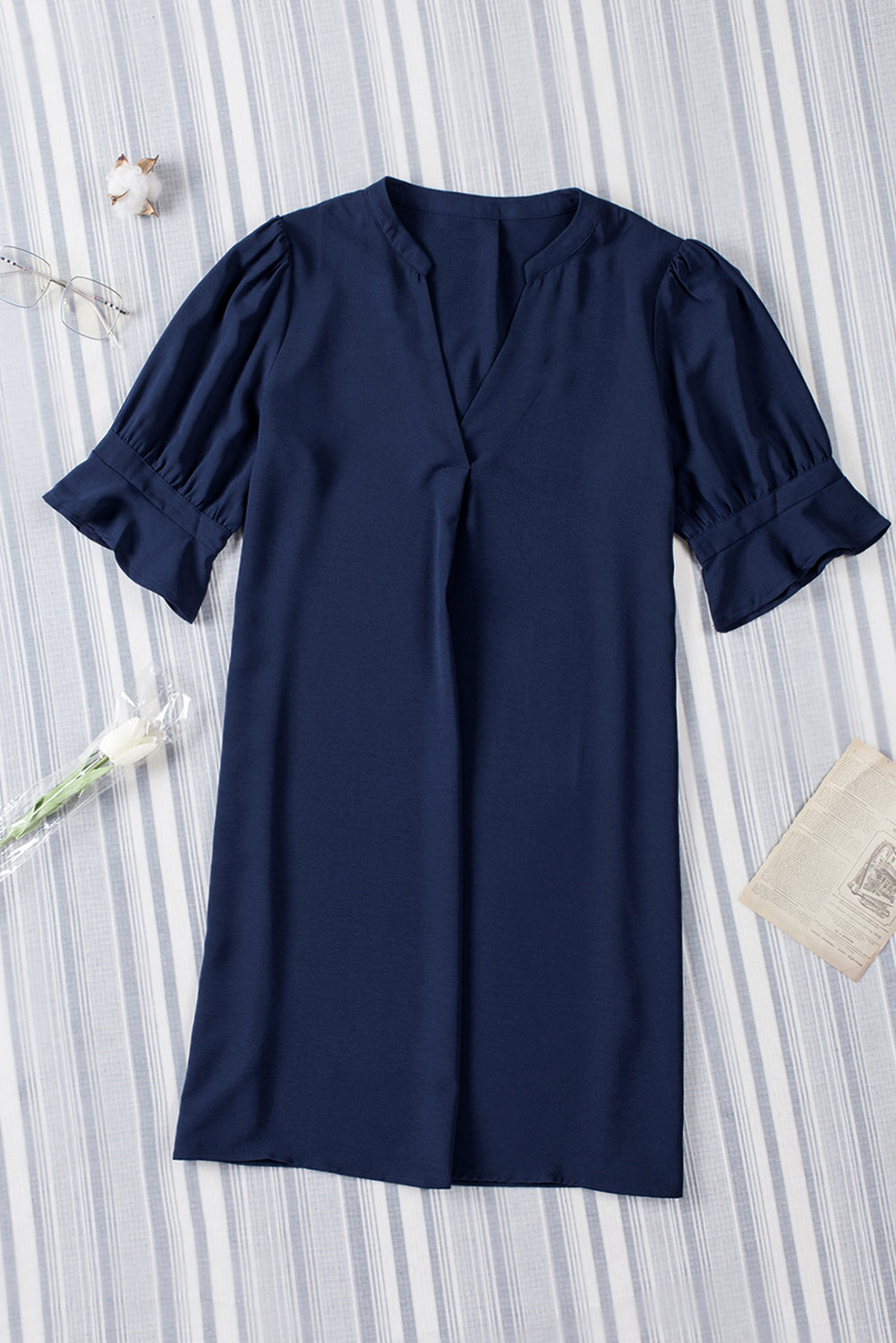 Navy Blue Split V Neck Short Sleeve Tunic Dress