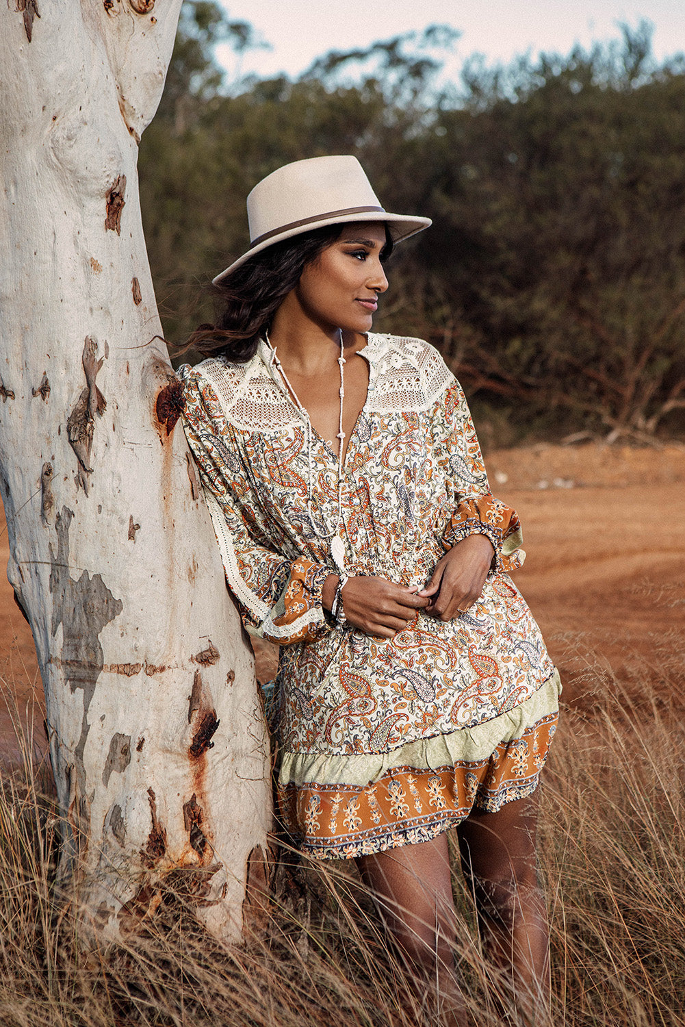 Multicolor Lace Splicing Split Neck Paisley Ruffle Mini Dress