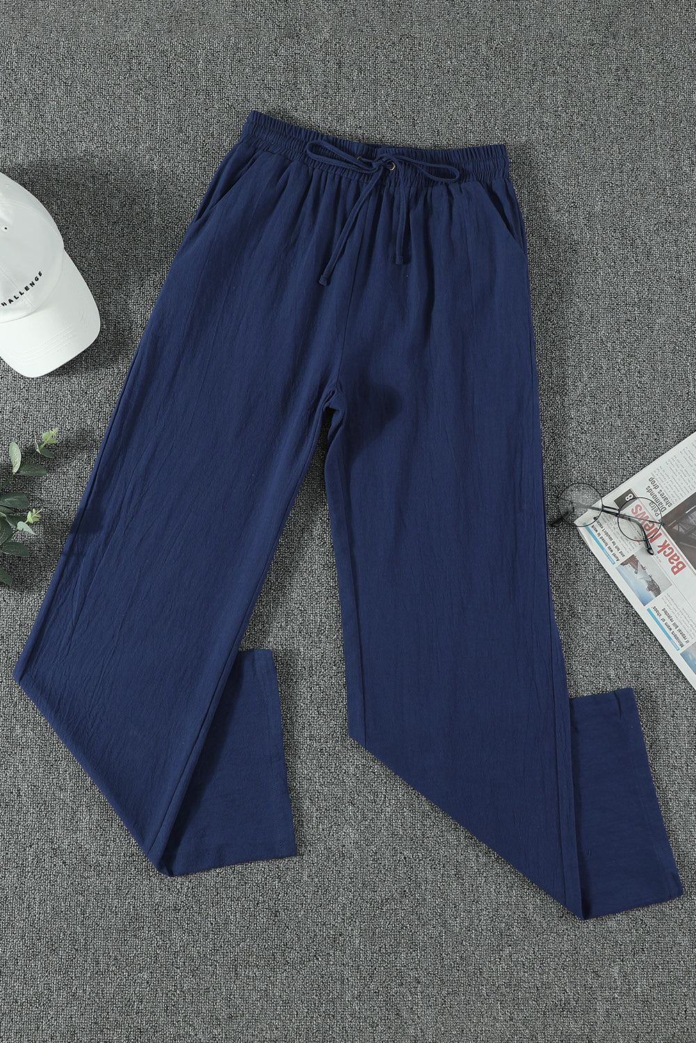 Dark Blue Pocket Drawstring Elastic Waist Straight Leg Pants