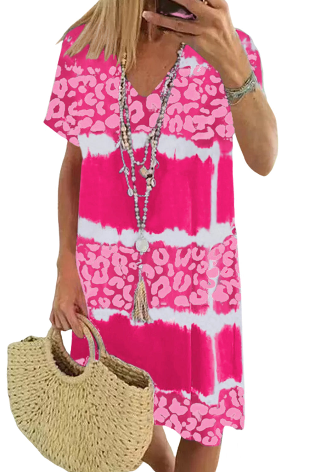 Rose Leopard Tie Dye Color Block V-Neck T-Shirt Dress
