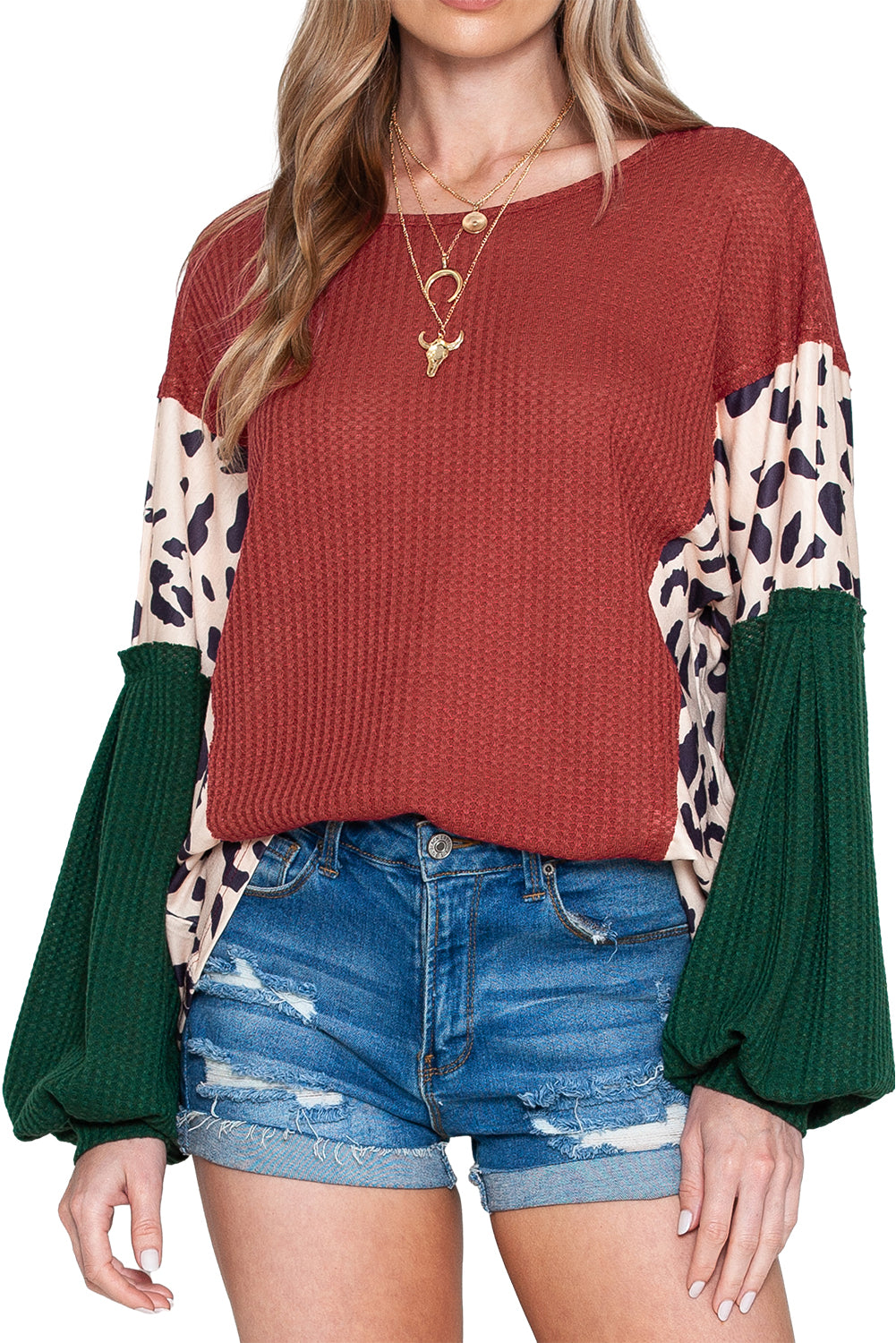 Brown Waffle Leopard Splicing Bishop Sleeve Top