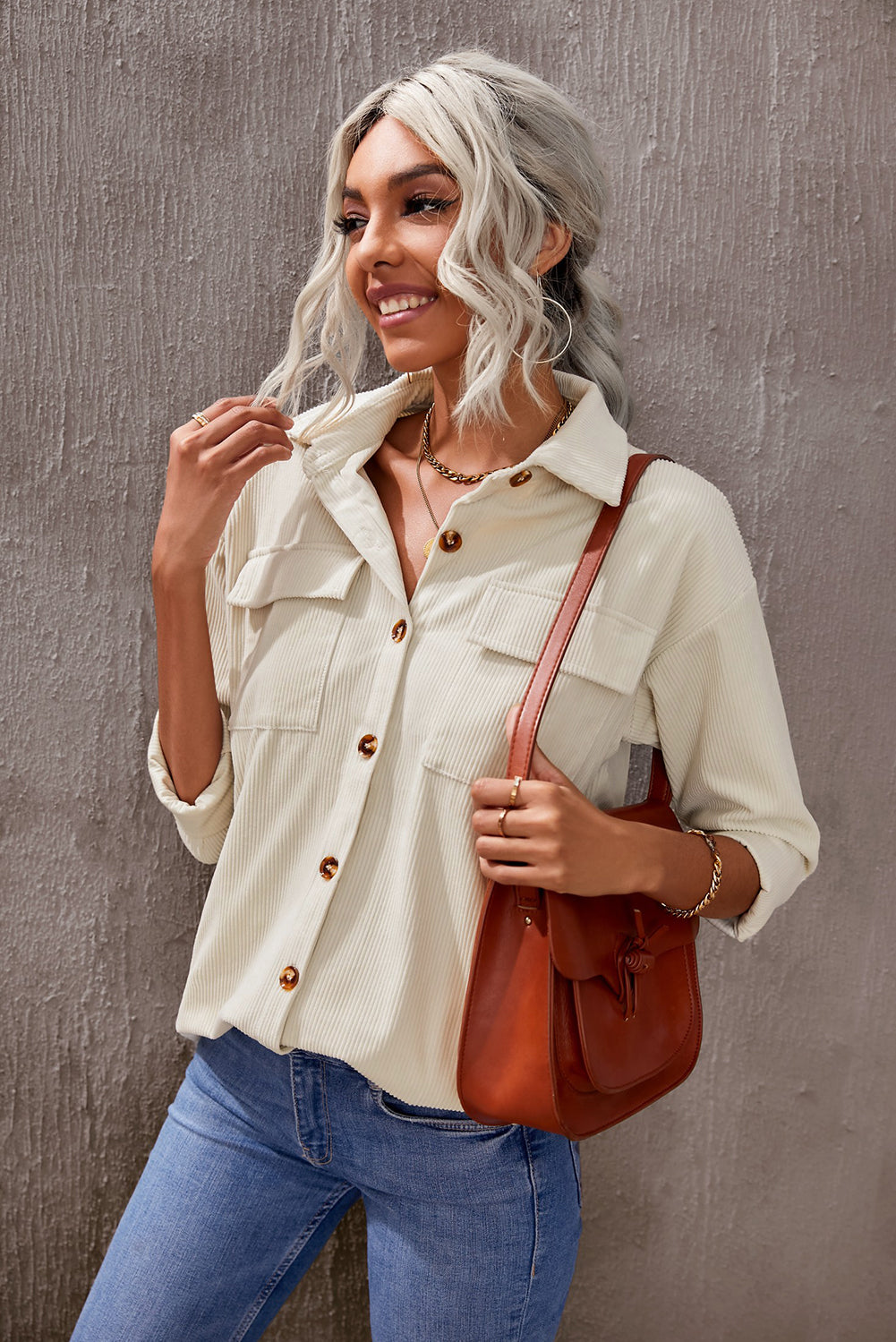 Pocketed Button Ribbed Textured Shacket