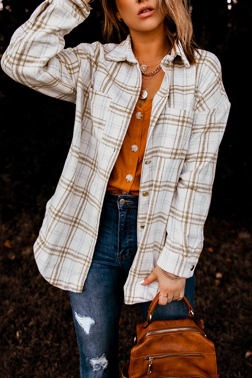 Black Casual Plaid Pattern Buttoned Shirt Shacket with Slit