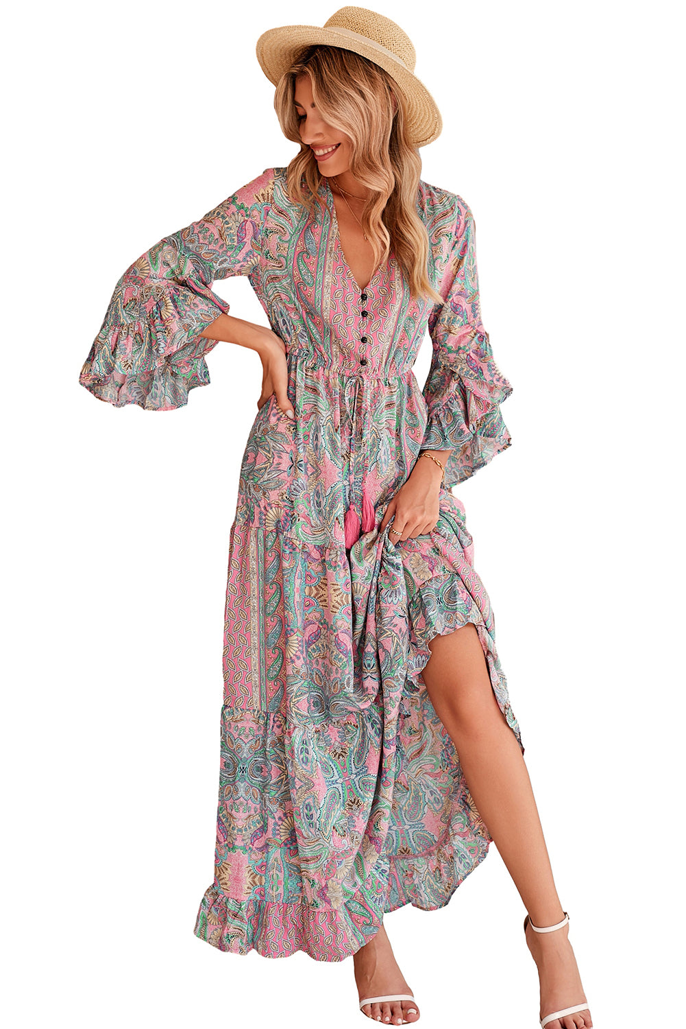 Green Paisley Print Boho Ruffle Trim Tied Maxi Dress