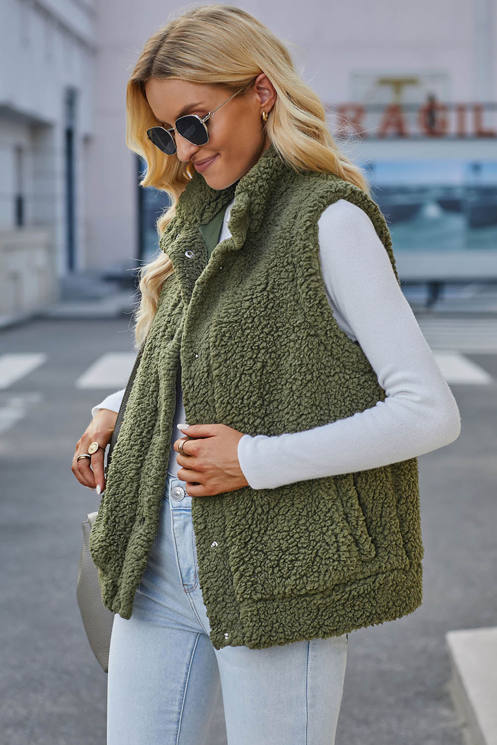 Green Snap Button Collared Stand Neck Sherpa Vest