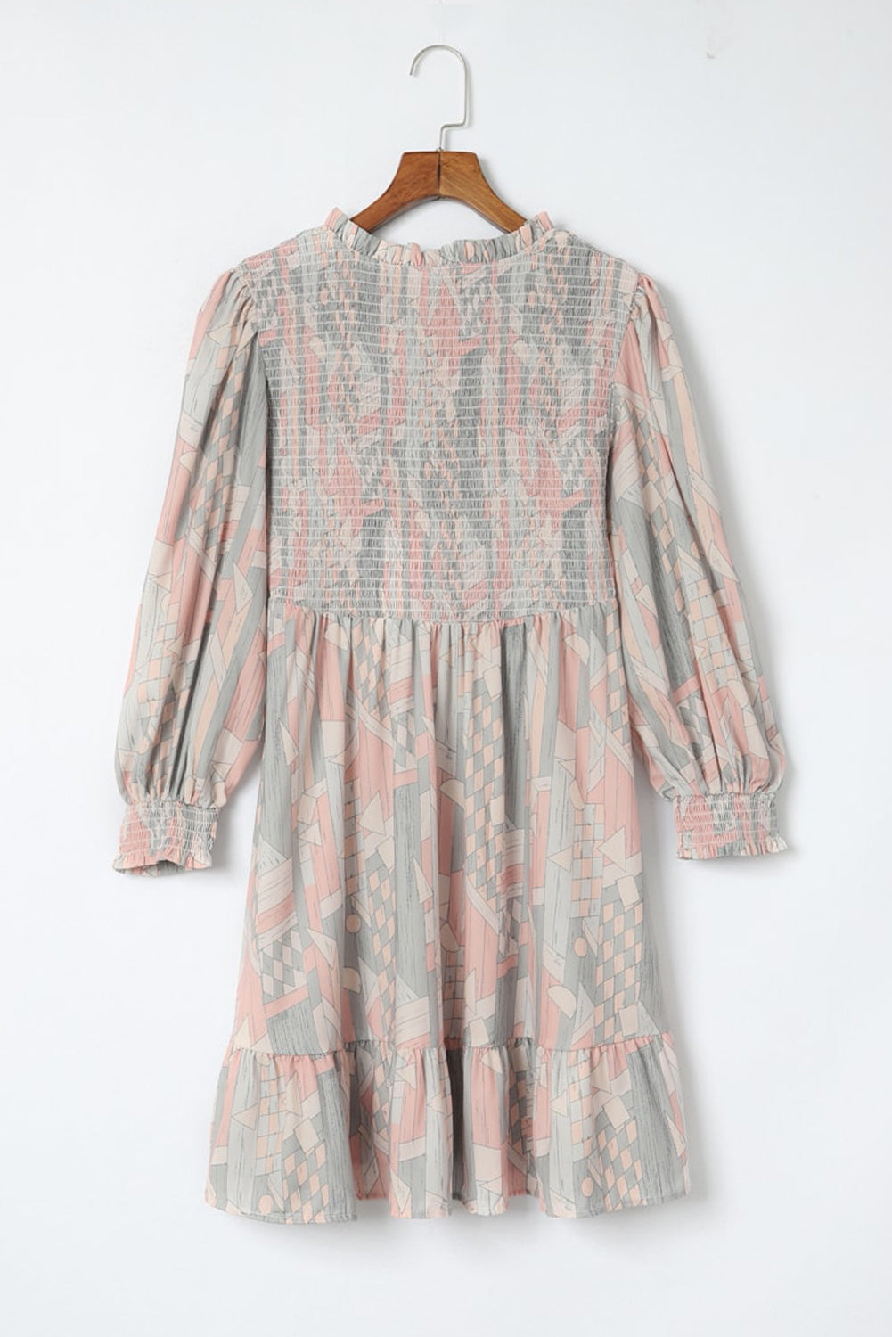 Multicolor Abstract Print Bishop Sleeve Smocked V Neck Dress
