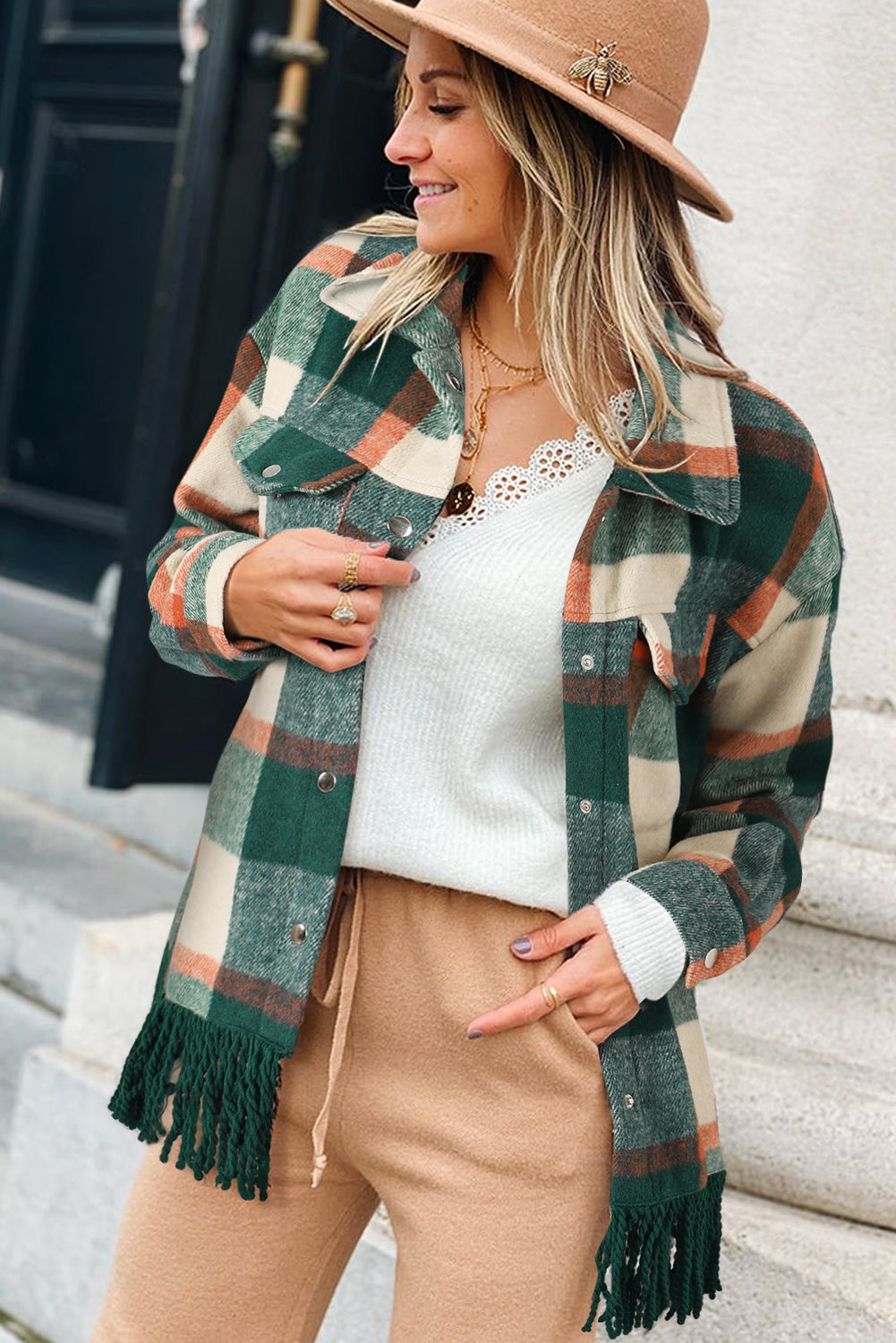 Black Plaid Snap Button Pocket Fringed Hem Shacket